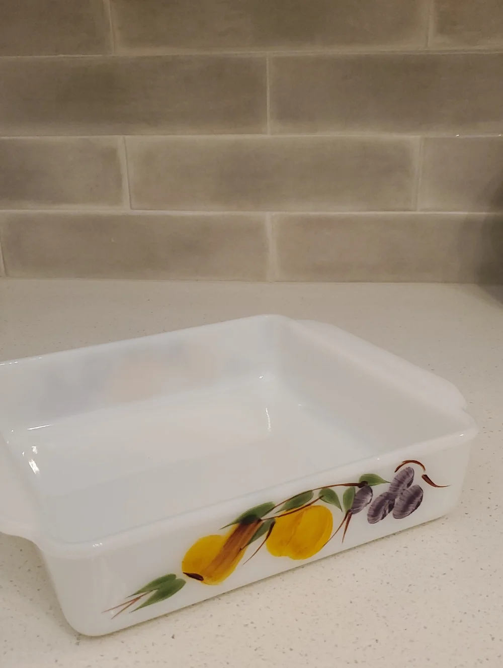 Fire King #452 Square 8” Milk Glass   Hand-Painted Fruit Harvest Gay Fad Studios